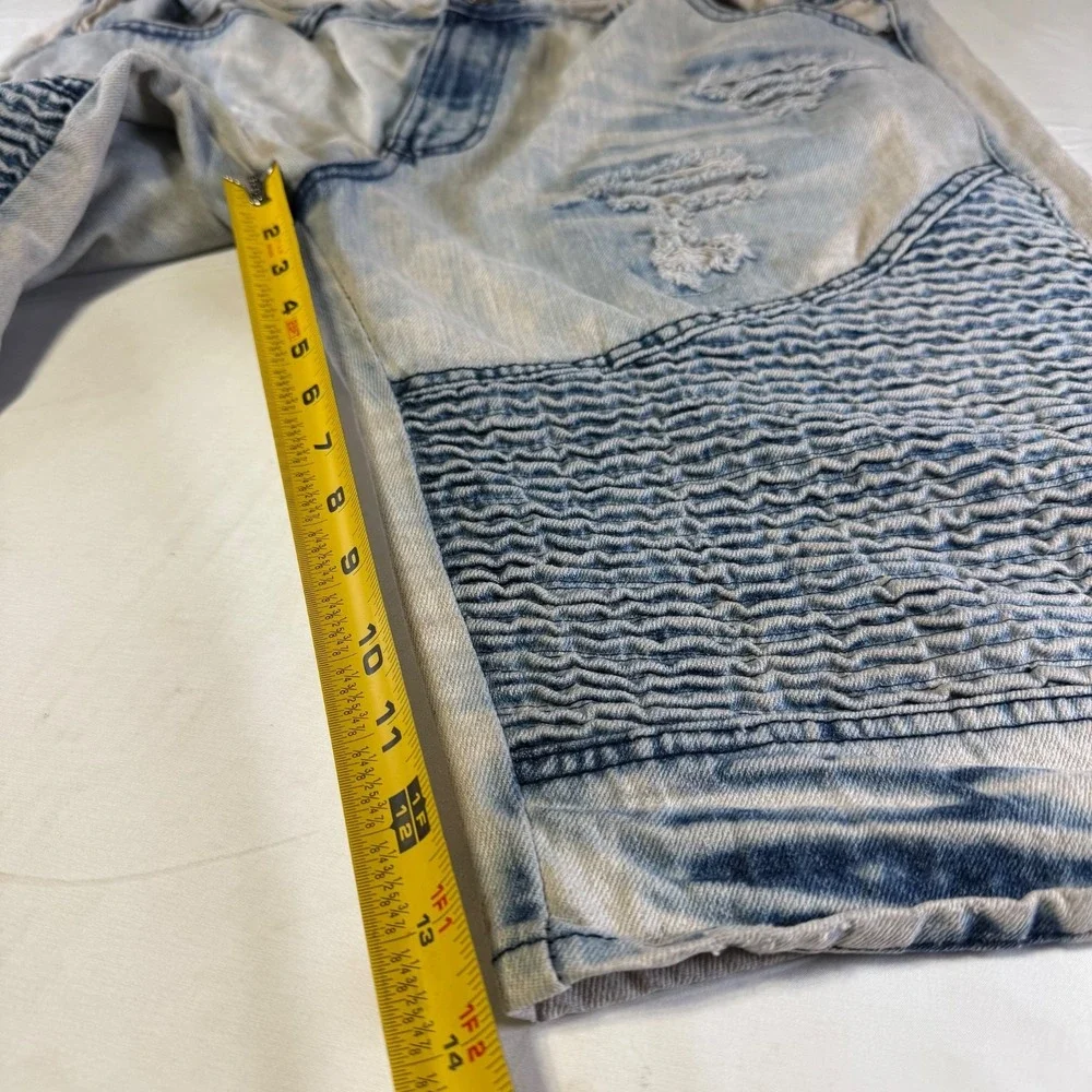 GS-115 Moto Style Blue Denim‎ Jorts Shorts Acid Wash Distressed Men's Size 40X14